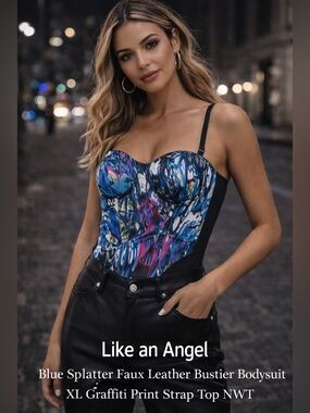 Like an Angel Blue Splatter Faux Leather Bustier Bodysuit XL Graffiti Print NWT